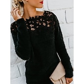 baratos Cores Sólidas-Mulheres Suéter Elegante Casual Macia Cor imaculada Estriado Gola Redonda Renda Patchwork Tricotado Manga Longa Tops regulares Tricotar Ao ar livre Diário Final de semana Preto Rosa Outono Inverno