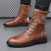 Czarne, skórzane, sznurowane, męskie buty bojowe z okrągłym metalowym logo, grubą podeszwą i wojskowym stylem – idealne dla motocyklistów Harley'a, miłośników mody punkrockowej, osób lubiących swobodne chodzenie na świeżym powietrzu i do codziennego użytk tanie Buty bojowe-Czarne, skórzane, sznurowane, męskie buty bojowe z okrągłym metalowym logo, grubą podeszwą i wojskowym stylem – idealne dla motocyklistów Harley'a, miłośników mody punkrockowej, osób lubiących swobodne chodzenie na świeżym powietrzu i do codziennego użytk