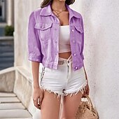 preiswerte Hemdjacken-Damen Freizeitjacke Jeansjacke Warm Bequem Tasche Knöpfe Mode Outdoor Einfach Ausgehen Wochenende Einreihig Regulär Revers Normale Passform Langarm Oberbekleidung Weiß Gelb Rosa Herbst Winter