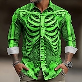 voordelige Halloween T-shirts-Halloween Voor heren 3D Print Skelet Overhemd Overhemd met knopen Lange mouw Donkere punkgotiek Buiten Feestdagen Zomer Lente Strijkijzer 3D-afdrukken shirts met kraag Goud Bruin Groen Grijs