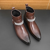 levne Dámské boty-Pánské hnědé chelsea boty z umělé kůže s řetízkovým akcentem, elegantní a moderní vzhled pro formální kancelářské oblečení, večírky a večerní vycházky.
