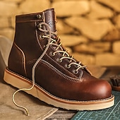cheap Premium Leather Boots-Men&#039;s Classic Brown Moc Toe Boots with Lace-Up Design and Stitched Sole, Comfortable Workwear Style for Outdoor Activities and Casual Daily Use