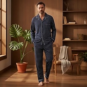 お買い得  パジャマ-男性用 ネグリジェ パジャマセット パジャマトップとパンツ 1セット 縞 ファッション スタイリッシュ クラシック 家 日常 ベッドサイド ポリエステル 履き心地よい ソフト 高通気性 ラペル 長袖 シャツ パンツ 弾性ウエスト ボタン 春 秋 ブルー グレー