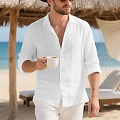 preiswerte Baumwoll-Leinenhemd-Herren Hemd Leinenhemd Freizeithemd Knopfhemd Baumwollhemd Einfach Urlaub Hawaiianisch Schwarz Weiß Gelb Marineblau Langarm Revers Frühling Herbst Bekleidung
