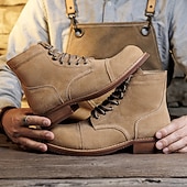 abordables Bottes de travail-Bottines à lacets en similicuir marron pour homme avec surpiqûres rétro – bottines de travail décontractées pour l&#039;extérieur, idéales au quotidien