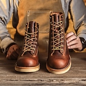 cheap Premium Leather Boots-Men&#039;s Classic Brown Moc Toe Boots with Lace-Up Design and Stitched Sole, Comfortable Workwear Style for Outdoor Activities and Casual Daily Use