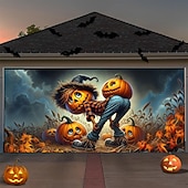 Недорогие Halloween Garage Door Cover-Halloween Garage Door Cover Scary Scarecrow with Pumpkins Haunted Field Banner, Creepy Horror Scene Backdrop Tapestry for Outdoor Wall Fence Yard Decoration Halloween Party