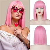 tanie Peruki imprezowe-Fioletowa peruka typu bob z grzywką, krótka, prosta, ciemnofioletowa peruka typu bob dla kobiet, do ramion, syntetyczna, odporna na ciepło, z płaską grzywką, na co dzień, na imprezę, cosplay,