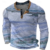 billiga Geometrisk-Herr Grafisk Färgblock Henleytröja Våffel T-shirt Långärmad 3D-tryck Mode Designer Ledigt Utomhussport Helgdag Festival Vår &amp; Höst Gul Blå Orange Grå Henley Henley T-shirt