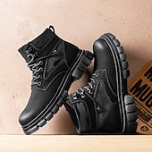 olcso Harci bakancs-Fekete műbőr férfi fűzős csizma vastag talppal és katonai stílussal – tökéletes Harley-Davidson motorosoknak, punk rockereknek, hétköznapi viseletnek és trendi utcai divatnak.