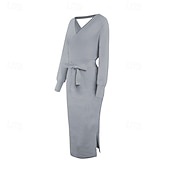 levne Svetrové šaty-Dámské Midi šaty Svetrové šaty Pletené šaty Elegantní Módní Moderní Netopýří rukávy Dovolená Denní Jdeme ven Běžný Bez vzoru Dlouhý rukáv Do V Černá Rubínově červená Khaki Šedá Podzim Zima