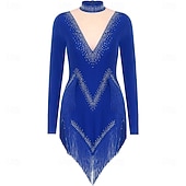 ieftine rochie de concurs-Rochie de dans latino strălucitoare pentru femei, cu mânecă lungă, cu ciucuri, cha cha, salsa, rumba, tango