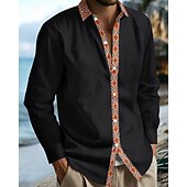 preiswerte Herrenhemd zum Knöpfen-Herren Hemd Sommerhemd Freizeithemd Strandhemd Knopfhemd Schwarz Weiß Marineblau Kaki Leicht Blau Langarm Argyle Revers Urlaub Hawaiianisch Patchwork Bekleidung Leinen Mode Lässig Bequem