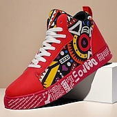 お買い得  カジュアルスニーカー-大胆なデザインのメンズの赤と白のグラフィックハイトップスニーカー。カジュアルな外出、パーティー、普段使いにぴったりのトレンディなストリートスタイル。