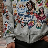 economico felpe 3d da uomo-Per uomo Gesù Felpa con Cappuccio Moda Quotidiano Casual Manica Lunga Con Cappuccio Vacanza Feste Abbigliamento casual alla moda Festival Grigio Con zip Tasca Stampa Primavera Autunno progettista S M