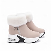 お買い得  雪と冬のブーツ-女性用 ブーツ プラスサイズ 冬用ブーツ 日常 純色 フリースライナー ブーツアンクルブーツ ジッパー ウエッジヒール ラウンドトウ コンフォートシューズ フェイクスエード ファスナー ブラック ベージュ グレー