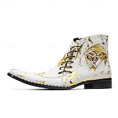 economico Stivali in pelle di alta qualità-stivali western da uomo con motivo floreale bianco e design allacciato: calzature di tendenza per uomini alla moda, perfette per feste e spettacoli