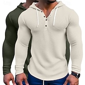 billige Vaffelstrikket T-skjorte-Herre Vaffelskjorte T skjorte T-skjorte Langermet skjorte Langermet Med hette Vår &amp; Vinter Alle årstider عادي Mote Designer Grunnleggende 2 deler Knapper Feriereise Gate Avslappet Army Green + Grey