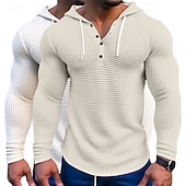 billige Vaffelstrikket T-skjorte-Herre Vaffelskjorte T skjorte T-skjorte Langermet skjorte Langermet Med hette Vår &amp; Vinter Alle årstider عادي Mote Designer Grunnleggende 2 deler Knapper Feriereise Gate Avslappet Army Green + Grey