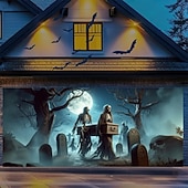 Halloween Garage Door Cover Skull Coffin and Spider Web Banner Haunted House Horror Scene Spooky Backdrop Tapestry for Outdoor Wall Fence Yard Halloween Party Decoration