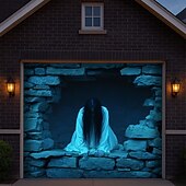 cheap Halloween Garage Door Cover-Halloween Garage Door Cover 3D Relief Grim Reaper with Hooded Cloak Banner Haunted House Horror Scene Spooky Backdrop Tapestry for Outdoor Wall Fence Yard Halloween Party Decoration