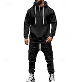 abordables Survêtements de base-Homme Ensemble Survetement Ensemble de tenues Ensemble de sweats à capuche Sweat à Capuche Extérieur Quotidien Sports Cordon de serrage Avec Poches Uni Rouge vin Noir Blanche Polyester Tenues de Sport