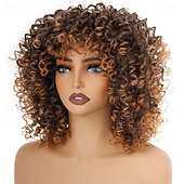 tanie Peruki historyczne-14-calowe czarno-brązowe kręcone peruki dla kobiet, krótkie, kręcone peruki afro z grzywką, naturalne, miękkie, sprężyste, puszyste, odporne na ciepło, syntetyczne włosy peruka z lat 70. na co dzień