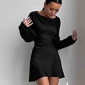 preiswerte abendkleider-Damen Minikleid Partykleid Cocktailkleid Satinkleid Elegant Modern Party Abendgesellschaft Cocktailparty Normale Passform Einfach Langarm Rundhalsausschnitt Schwarz Blau Herbst Winter