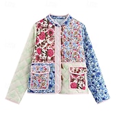 billiga Quiltade pufferjackor-Dam Pufferjacka Quiltad jacka Vardaglig jacka Bekväm Andningsfunktion Ficka Knappar Ledigt Blommig Semester Gata Ledigt Dagliga kläder Enkelknäppt Kort Hög krage Normal Långärmad Ytterkläder Gul
