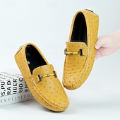 cheap Casual Loafers-Men's Yellow Ostrich Pattern Loafers with Metal Buckle, Casual Slip-On Driving Moccasins for Business, Summer Parties and Everyday Wear