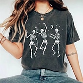 abordables T-shirts-Halloween Femmes T-shirt Graphique Crâne Élégant ancien Mode Manche Courte Col ras du cou Col rond Hauts Réguliers Quotidien Week-end Patchwork Gris Printemps Automne