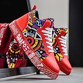 お買い得  カジュアルスニーカー-大胆なデザインのメンズの赤と白のグラフィックハイトップスニーカー。カジュアルな外出、パーティー、普段使いにぴったりのトレンディなストリートスタイル。