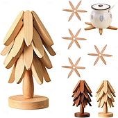 abordables Décoration de Table et de Salle à Manger-ensemble de dessous de plat en bois naturel, 3/4/5 dessous de plat en bois &amp;1 support comme un sapin de Noël, dessous de plat de cuisine pliable naturel pour casseroles, poêles, bols &amp;théières