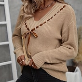 preiswerte Einfarbige Farben-Damen Pullover Mode Weich Einfarbig Gerippt V Ausschnitt Gestrickt Langarm Normale Oberteile Stricken Täglich Ferien Ausgehen Khaki Herbst Winter
