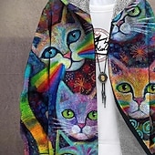 economico giacca in pile da uomo-Per uomo Animale Gatto Cappotto Invernale Giacca in Pile Cappotto Calore Termico Confortevole Casual Abbigliamento quotidiano Cerniera Tasca Stampa 3D Autunno Inverno Con Cappuccio Manica Lunga Nero