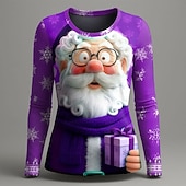 abordables Hauts de Noël-Noël Femmes T-shirt Graphique Père Noël ancien Mode Élégant manche longue Col ras du cou Col rond Hauts Réguliers Quotidien Week-end Imprimé Rouge Violet Vert Été Printemps Automne Hiver