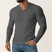 preiswerte Geripptes Strick-T-Shirt-Herren T Shirt Geripptes Strick-T-Shirt T-Shirt Langarmshirt Langarm V Ausschnitt Frühling Herbst Winter Einfach Grubenstreifen Mode Designer Basic Stricken Urlaub Straße Lässig Schwarz Weiß Violett