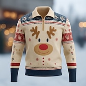 お買い得  クリスマス動物衣装-クリスマス 男性用 カートゥン 各 ポロ 長袖 折襟 近代の レジャー スポーツ カジュアル／普段着 ジッパー 3Dプリント 春 秋 冬 ルビーレッド グリーン アプリコット