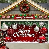 abordables Housses de porte de garage de Noël-Housse de porte de garage de Noël 2025 Noël avec un grand nœud rouge et une guirlande de pins verts bannière de fond décorative pour le garage extérieur pendant les vacances d&#039;hiver