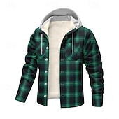 baratos Casacos &amp; Sobretudos para Homem-Homens Casaco de lã Jaqueta casual Casaco com capuz Férias Diário Térmico / Quente Bolsos Tosão Outono Inverno Xadrez Moda Roupa de rua Com Capuz Padrão Preto Verde Azul Escuro Casaco