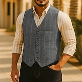 preiswerte Herrenweste-Herren Weste Tweedweste Formell Hochzeit Urlaub Lässig Mode Klassisch Frühling Herbst Tasche Knöpfe Polyester Webfaser Bequem Karomuster Einreihig V Ausschnitt Normale Passform Schwarz Champagner