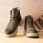 olcso Harci bakancs-Fekete műbőr férfi fűzős csizma vastag talppal és katonai stílussal – tökéletes Harley-Davidson motorosoknak, punk rockereknek, hétköznapi viseletnek és trendi utcai divatnak.