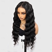 baratos Perucas de seda frontais de cabelo natural-Peruca de cabelo humano natural com cor natural, descolorida, com nós em renda 5x5, ondas profundas e soltas, densidade de 150%, 56-76 cm (22-30 polegadas), para mulheres negras.