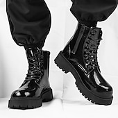 abordables Botas de combate-Botas con cordones para hombre de piel negra brillante con suela gruesa: imprescindibles para motociclistas, entusiastas del rock, estilo urbano informal y moda actual.