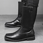 levne Jezdecké boty-Pánské černé pracovní jezdecké boty z umělé kůže – odolné kovbojské boty do poloviny lýtek s pevnou podrážkou pro outdoor, farmářské aktivity a každodenní nošení