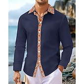 preiswerte Herrenhemd zum Knöpfen-Herren Hemd Sommerhemd Freizeithemd Strandhemd Knopfhemd Schwarz Weiß Marineblau Kaki Leicht Blau Langarm Argyle Revers Urlaub Hawaiianisch Patchwork Bekleidung Leinen Mode Lässig Bequem