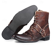 abordables Bottes en cuir haut de gamme-Bottes de motard rétro en cuir marron pour homme – Bottes de moto montantes faites à la main avec des accents de boucle pour le punk, le gothique et le streetwear décontracté