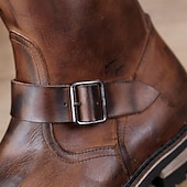 abordables Botas de cuero de primera calidad-Botas de cuero marrón de media pantorrilla para hombre: calzado retro de motociclismo de piel de vaca auténtica con correa de hebilla para estilo motero y uso informal al aire libre.