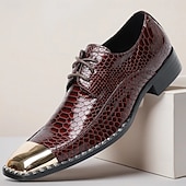baratos Sapatos Sociais Elementares-Sapatos sociais masculinos de couro legítimo bordô com estampa de cobra e cadarço e biqueira de metal – sapatos da moda para banquetes e coquetéis