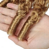 abordables 3 mechones de cabello natural ondulado-Extensiones de cabello humano rizado birmano, color marrón lino, n.° 27, de 18, 18 y 20 pulgadas, con extremos en espiral.